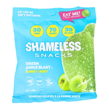 Front of Shameless Snacks Low Sugar Gummies Healthy Gummy Candy Green Apple Blast