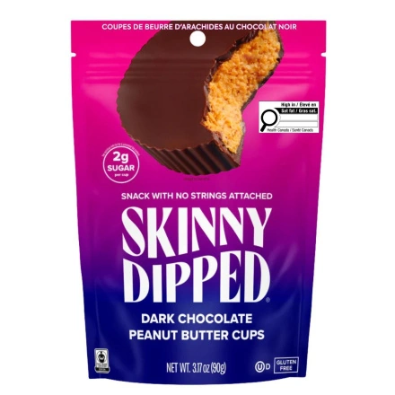 Front of Skinny Dipped Dark Chocolate Peanut Butter Cups - Healthy Peanut Butter Cups - Healthy Reeseās Cups - Sugar Free Peanut Butter Cups