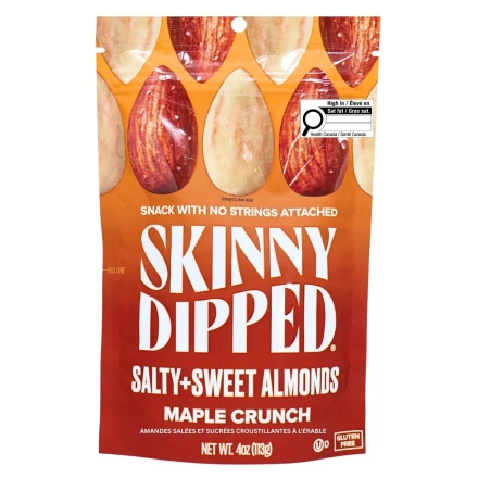 Front of Skinny Dipped Salty + Sweet Almonds Maple Crunch - Skinnydip Canada - Sugar Coated Almonds - Sweet Nuts