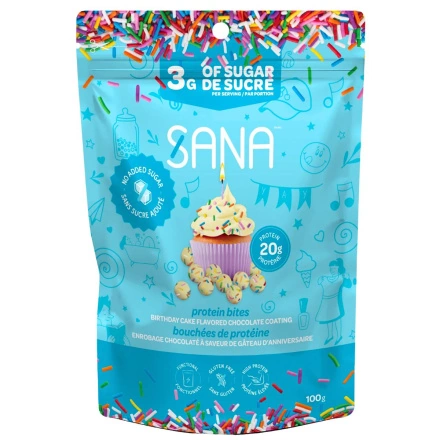 Front of Sana Sweet Life No Added Sugar Protein Bites Birthday Cake Chocolate - High Protein Chocolate - No Added Sugar Chocolate - Protein Keto Chocolate