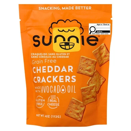Front of Sunnie Snacks Gluten-Free Grain Free Crackers Cheddar - No Gluten Crackers - Crackers Without Gluten - Cassava Flour Crackers