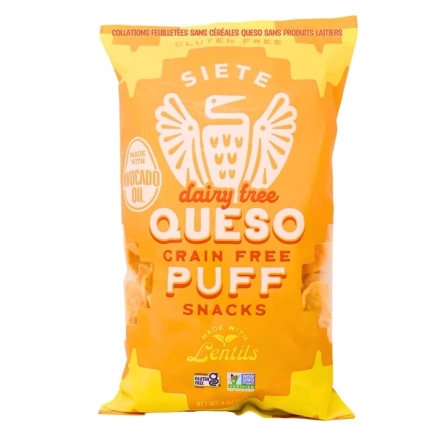 Front of Siete Grain-Free Puff Snacks Dairy-Free Queso - Grain Free Puffs- Grain Free Chips - Lentil Chips