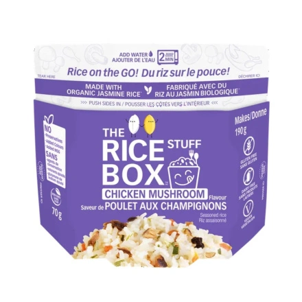 Front of The Rice Stuff Box Instant Seasoned Rice-  Microwavable Rice - Chicken Mushroom Rice