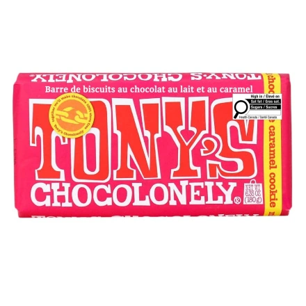 Front of Tony’s Chocolonely Milk Chocolate Caramel Cookie Bar, 180g