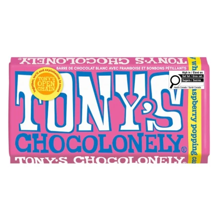 Front of Tony's Chocolonely White Chocolate Raspberry Popping Candy - Fair Trade Chocolate - Best White Chocolate Canada