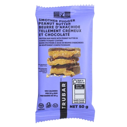 Front of TRUBAR Protein Bar Smother Fudger Peanut Butter - Gluten Free Vegan Protein Bars - Vegan Protein Bars Canada - Best Tasting Protein Bars