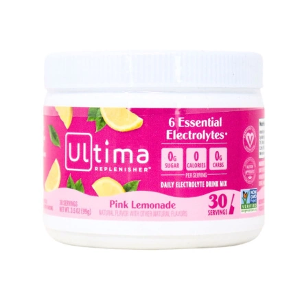 Front of Ultima Replenisher Electrolyte Drink Mix Pink Lemonade, 30 Servings