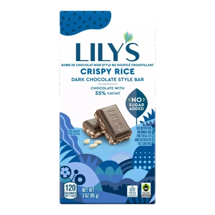 Front of Lily's No Sugar Added Crispy Rice Dark Chocolate Style Bar - Less Sugar Chocolate - Gluten Free Chocolate Bar - Fair Trade Chocolate Bar