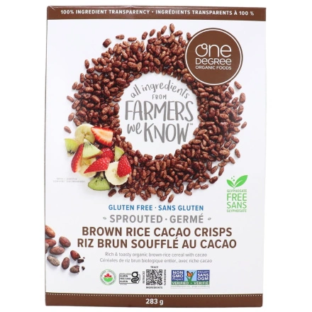 Front of One Degree Organic Sprouted Brown Rice Cacao Crisps, 283g
