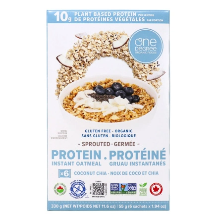 Front of One Degree Organic Foods High-Protein Sprouted Oatmeal Coconut Chia - gluten-free breakfast - vegan oatmeal - plant-based protein oats
