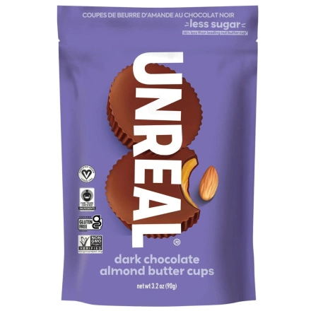 Front of Unreal Dark Chocolate Almond Cups - Vegan nut butter cups - Healthy dark chocolate almond butter cups - Vegan chocolate