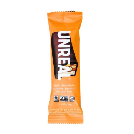 Front of Unreal Bar - Unreal Chocolate Caramel Peanut Nougat Bar - Fair Trade Chocolate Canada - Unreal Candy Bars - Healthy Chocolate Snacks - Dark Chocolate Bar