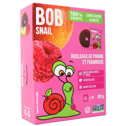 Front of Bob Snail Healthy Fruit Snack Natural Dried Fruit Roll Ups Fruit Leather Apple Raspberry - Fruit Snacks For Kids - Fruit Strips